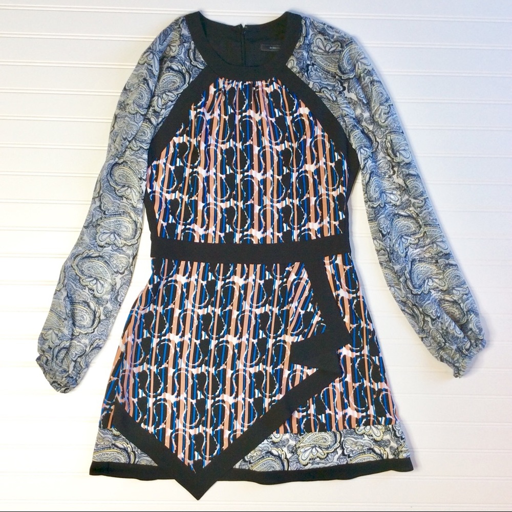 BGBGMAXAZRIA Two print asymmetrical mini dress. Item# 0074
